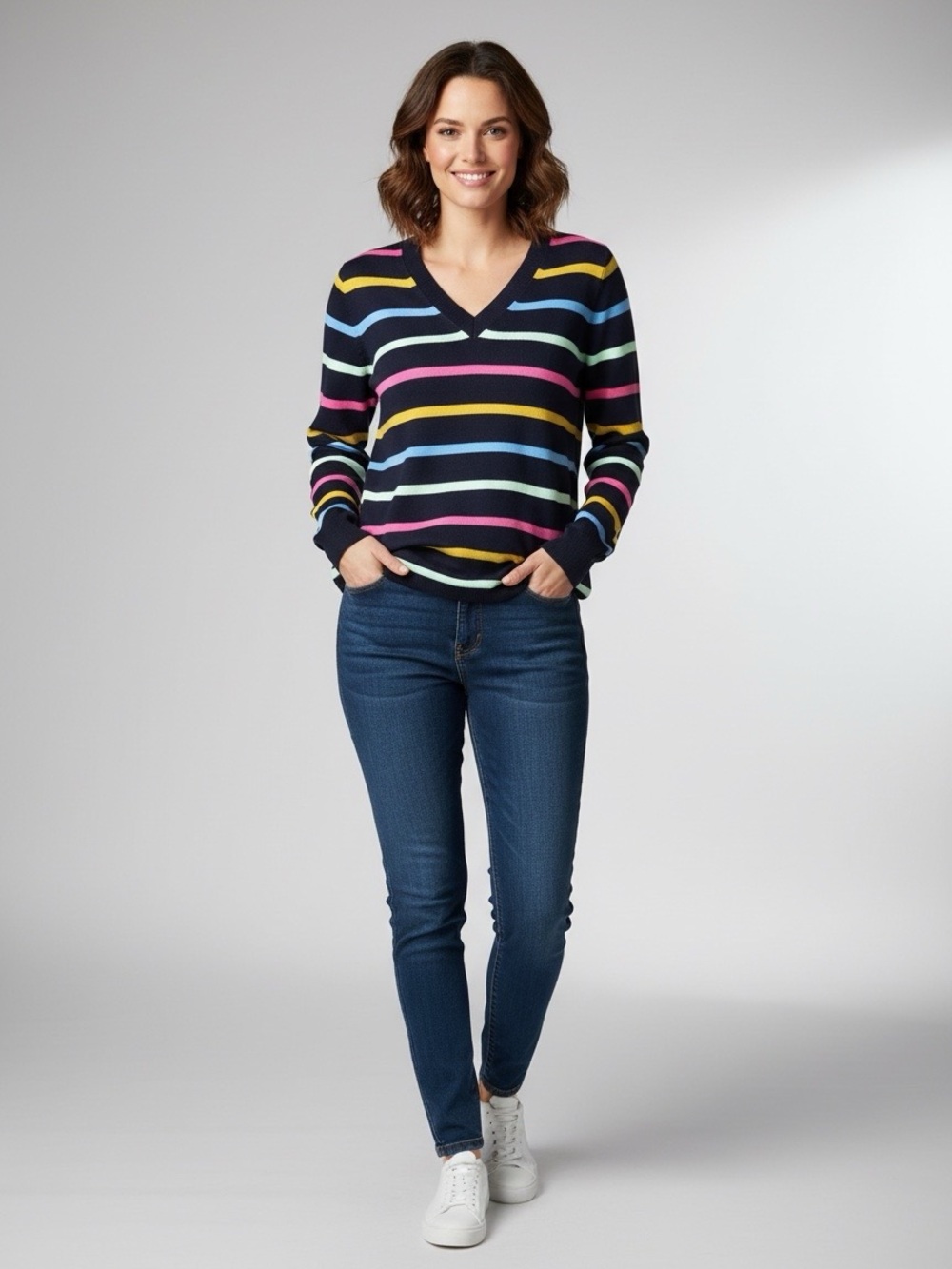 Croft & barrow Striped V-Neck Sweater in Navy with Multicolor Stripes